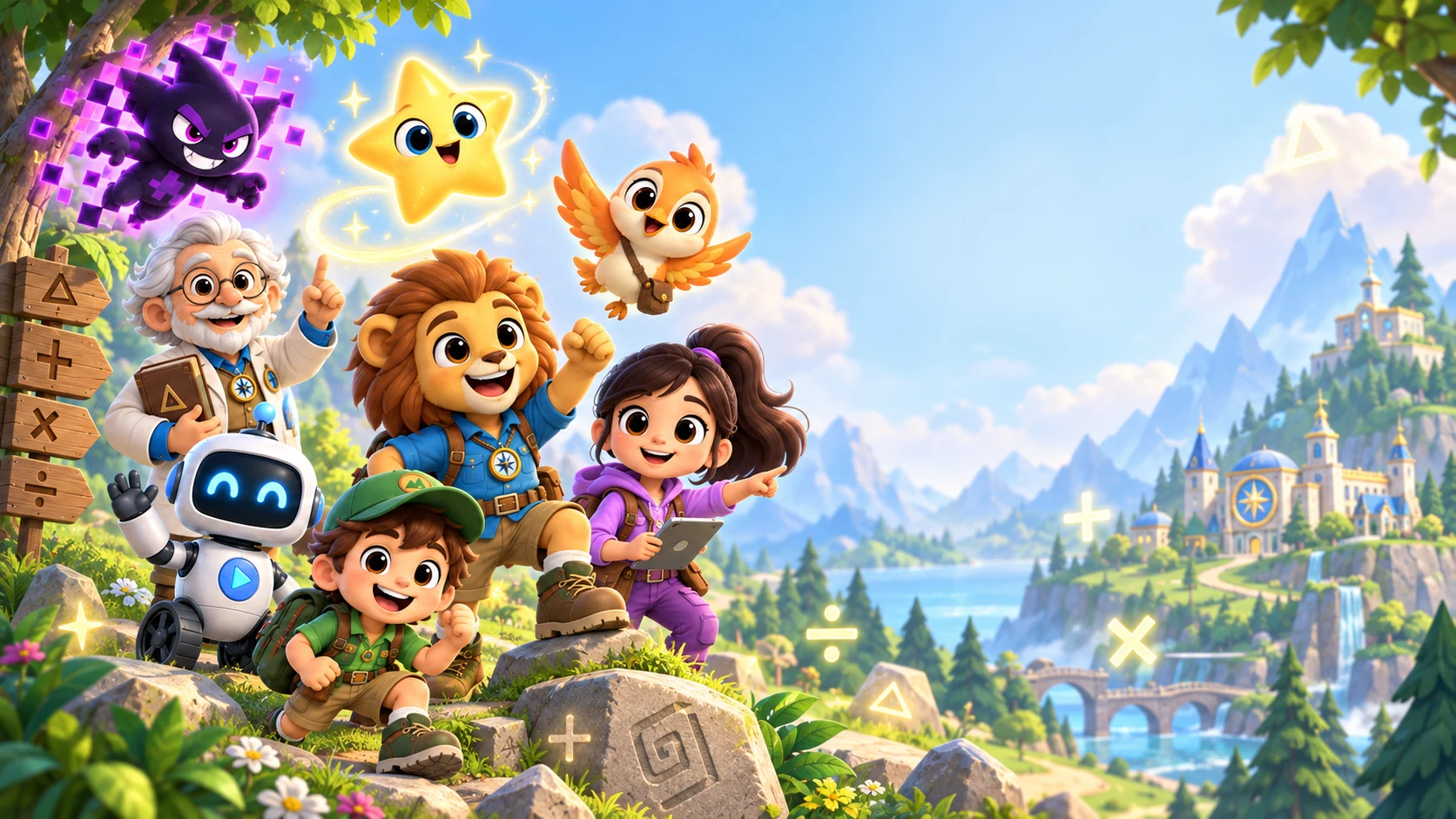 MathVenture characters exploring a bright mountain world